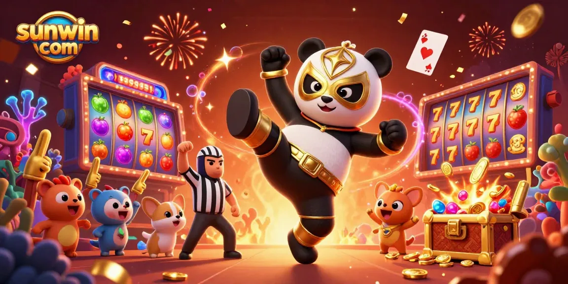 Engage in slot games with sunwin com featuring a panda athlete kicking into a colorful jackpot.