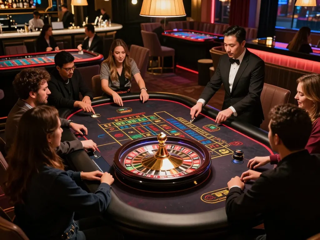 Engaged players at https://www.mnm88.com/ placing bets at an exciting roulette table, capturing the thrill of casino gaming.