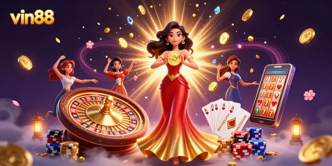 Experience the excitement of vin88 with a glamorous golden coin and casino elements in action.