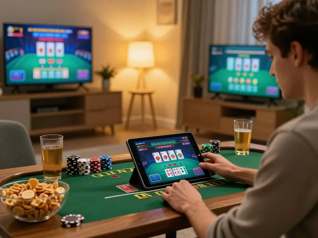 Player engaged in a thrilling vu88 live dealer blackjack game at home, showcasing excitement and strategy.