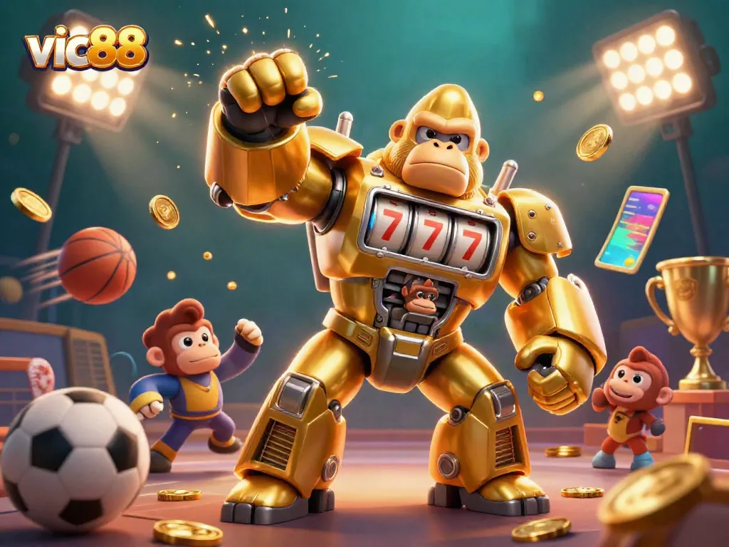Experience the excitement of vic88 with a golden gorilla mech and dynamic sports elements in a vibrant casino scene.