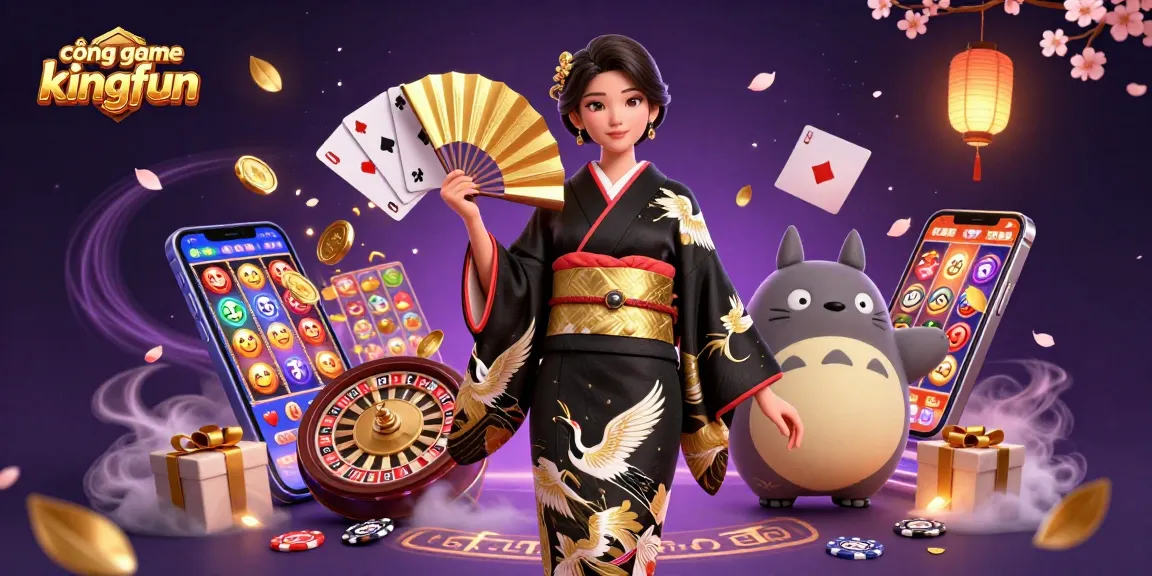 Experience the thrill of cổng game kingfun with a vibrant casino scene illustrating slot games and elegant characters.
