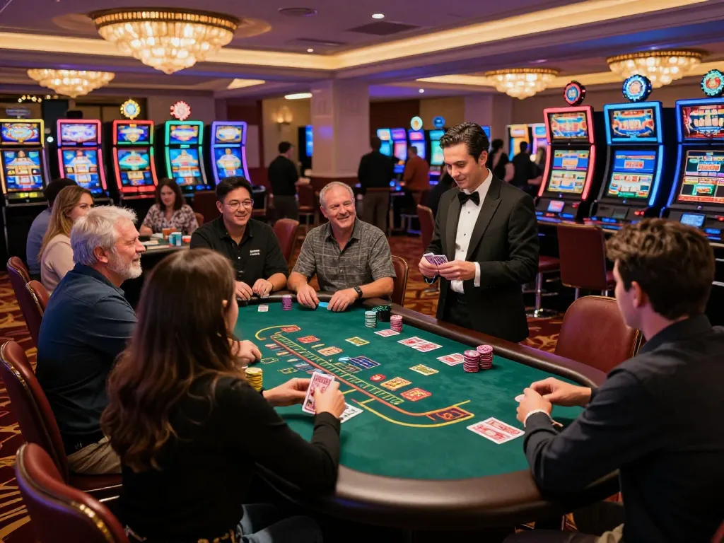 FLY88 players strategizing bets at a blackjack table in a lively casino environment.