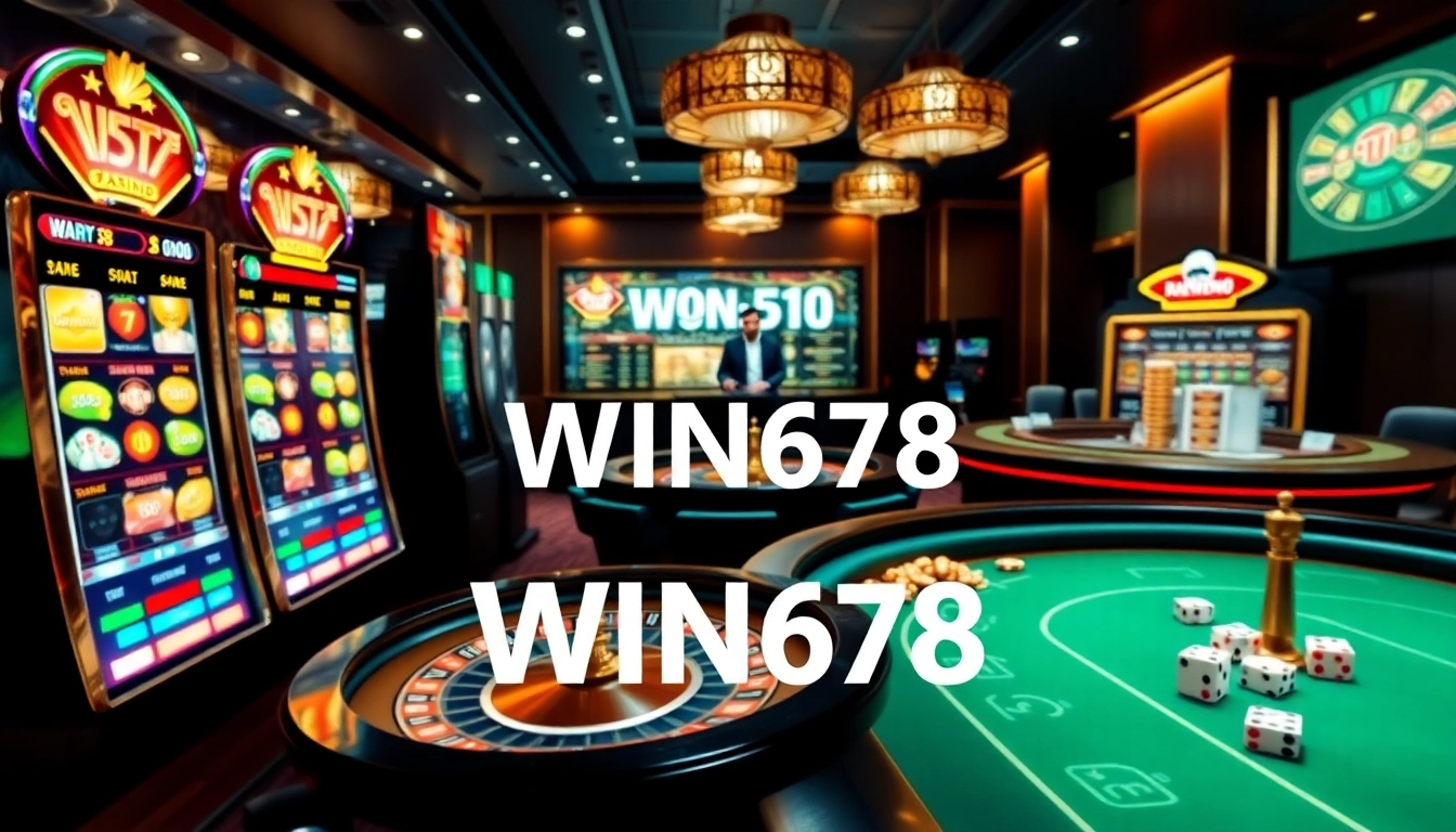 Experience the thrill of gambling at WIN678's shining casino floor with vibrant slot machines and engaging gameplay.