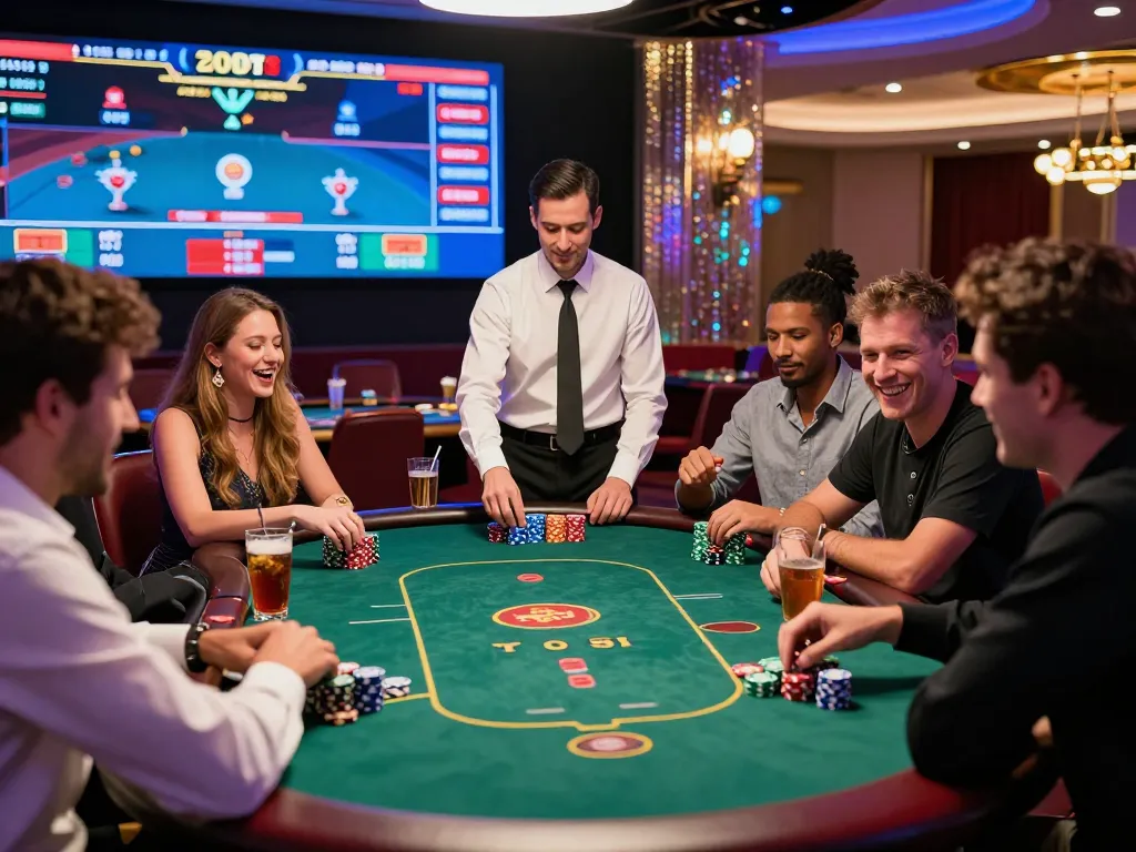 Diverse friends enjoying a lively poker game at MM88.COM casino, capturing the excitement and social interaction.