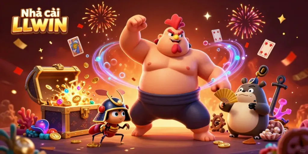 Experience the excitement of Nhà cái LLWIN with a dynamic 3D gaming scene featuring colorful casino elements and vibrant characters.