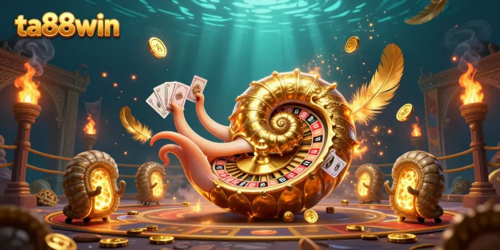 Engage with the thrilling atmosphere of ta88win's dynamic casino scene featuring an ancient giant nautilus and glowing ammonite companions.