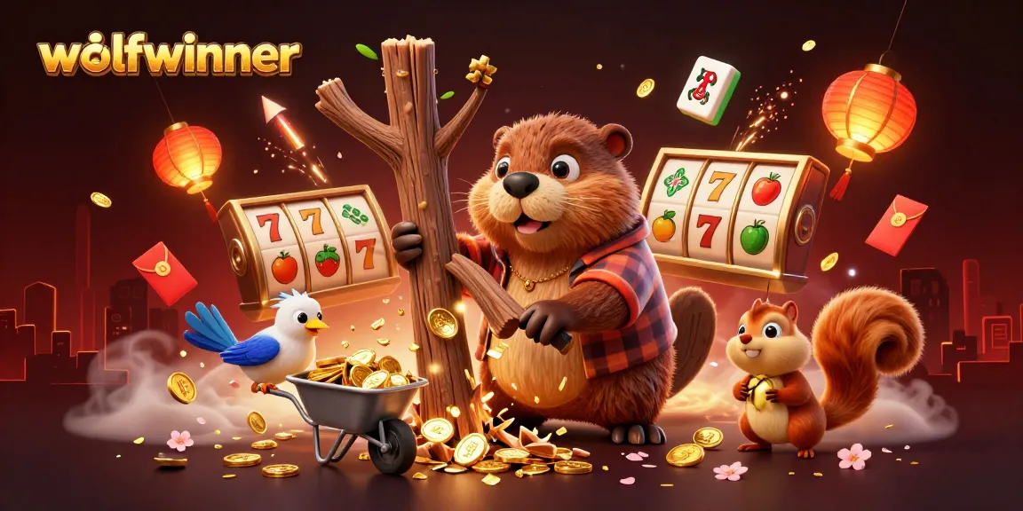 wolfwinner showcases an exciting casino scene with a lumberjack beaver, collecting golden coins and slots.