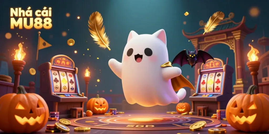 Engage in thrilling gameplay with Nhà cái MU88, featuring a friendly ghost cat and vampire bat in a haunted casino.