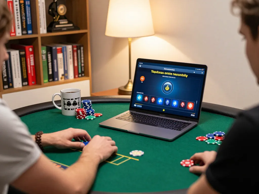 Engaging in online poker with uk88 on a cozy home setup, showcasing responsible gaming.