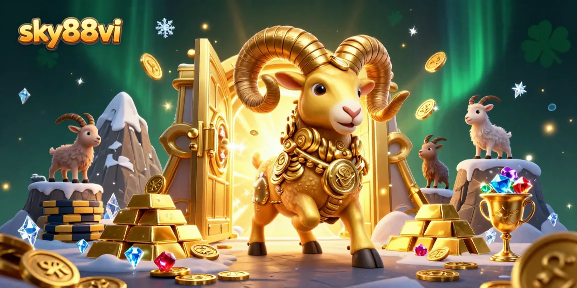Experience the excitement of sky88vi with a golden ram charging through stacked coins in a vibrant 3D scene.
