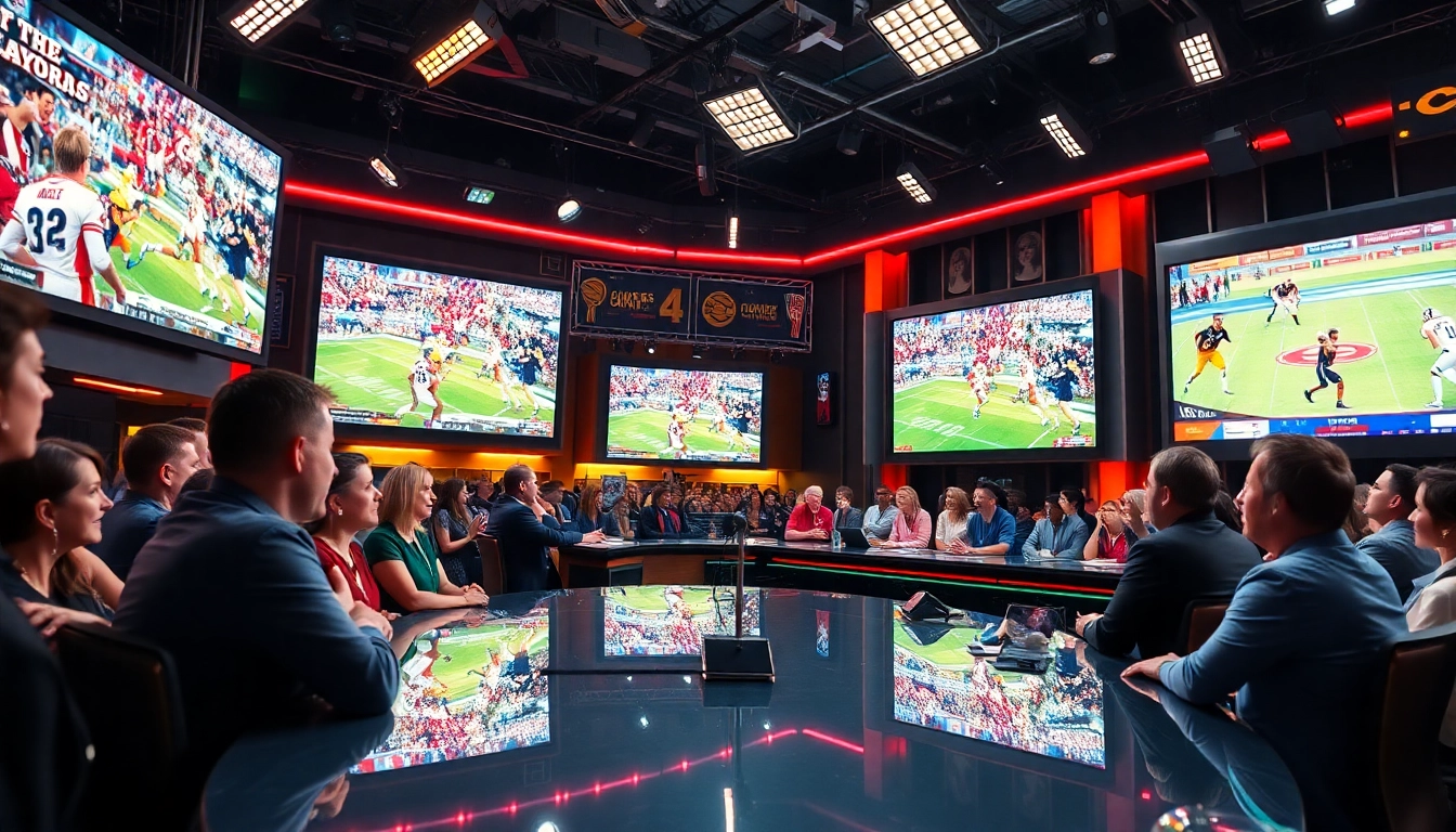 Engaging hosts in a vibrant sports broadcasting studio showcasing live events.