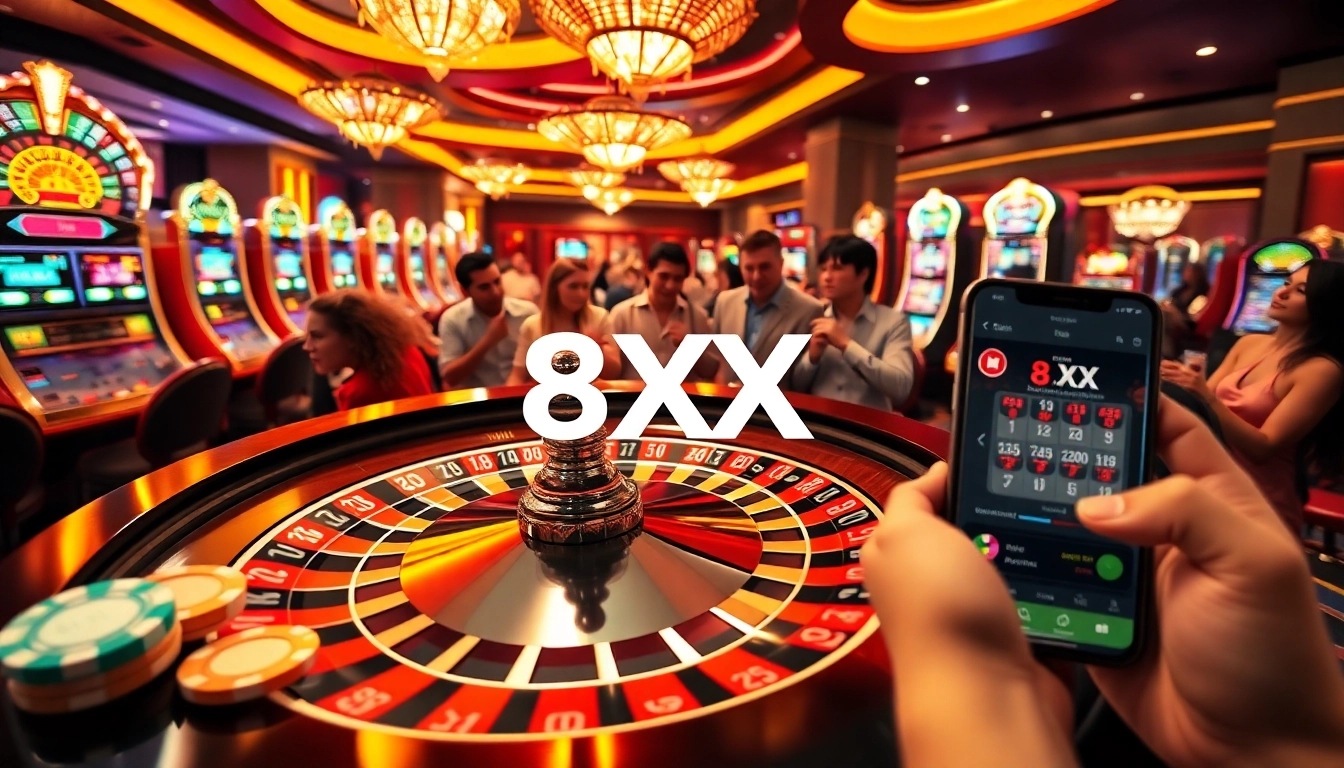 Experience thrilling gameplay with 8 XX at a stunning casino featuring roulette tables and vibrant slot machines.
