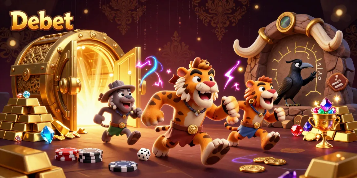 Engage with Debet at a lively prehistoric casino featuring vibrant characters and treasures.