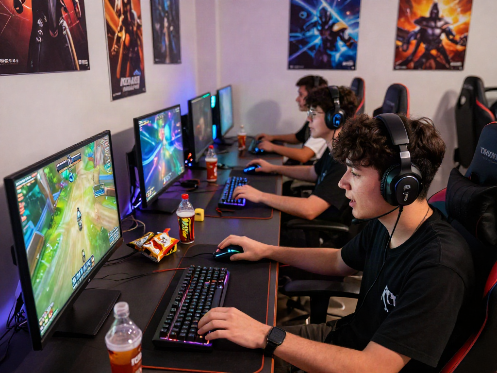 Exciting gaming environment featuring players engaged in rokok88 alternatif with vibrant screens and LED lighting