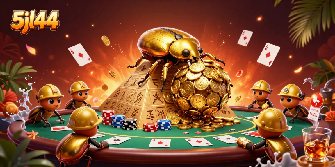 Engage in the thrilling 5jl44 casino experience with golden beetles and vibrant poker elements.