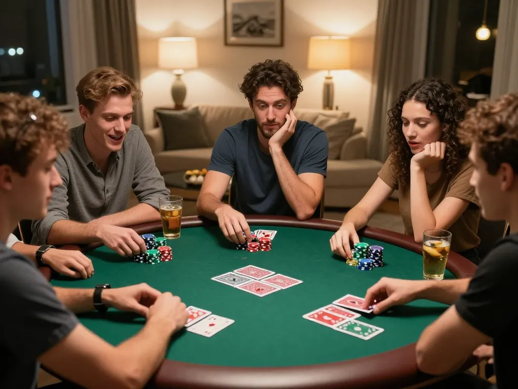 Group of friends enjoying a lively poker night while gambling at home with RR88 cards and chips.