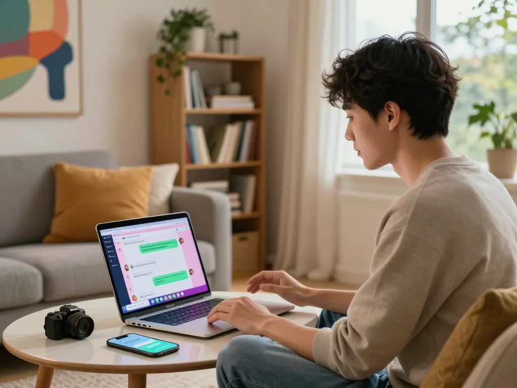 Engaging chat scene with a user interacting with Crushon AI in a cozy modern living room, highlighting digital connections.