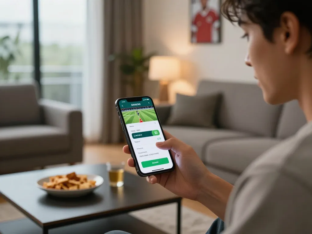 Person engaging with a sports betting app, highlighting kèo nhà cái chuẩn in a lively home setting