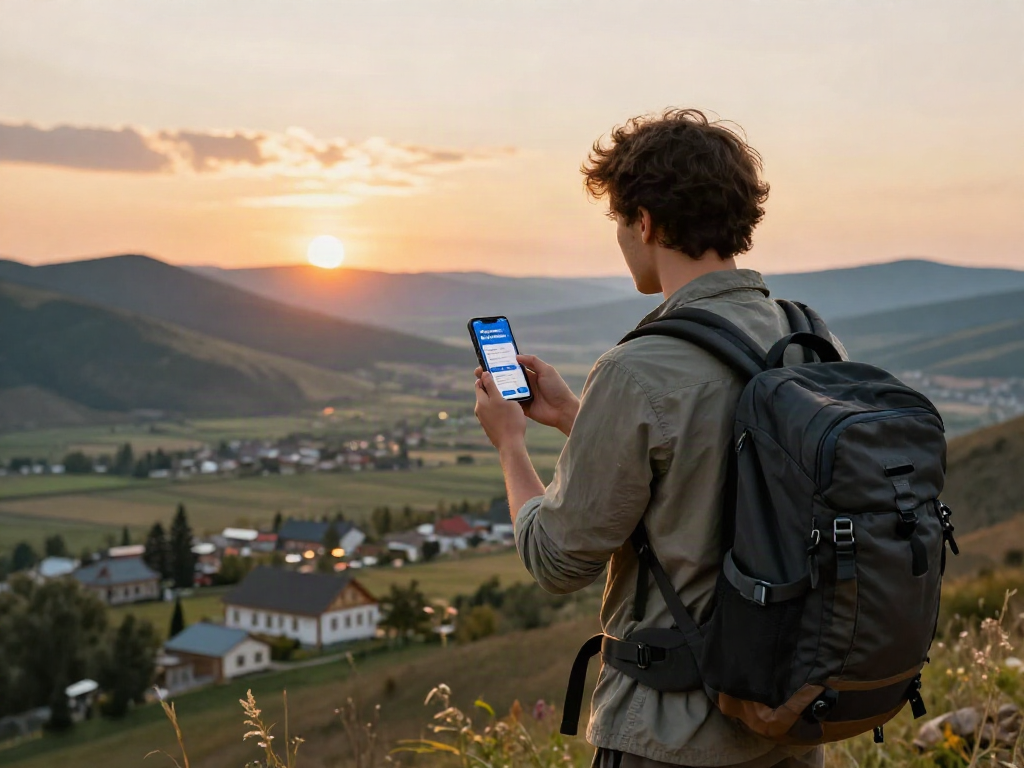 Rusya'da seyahat eden bir kişinin PayInRussia uygulamasını gösteren akıllı telefon ile manzara izlediği bir görüntü.