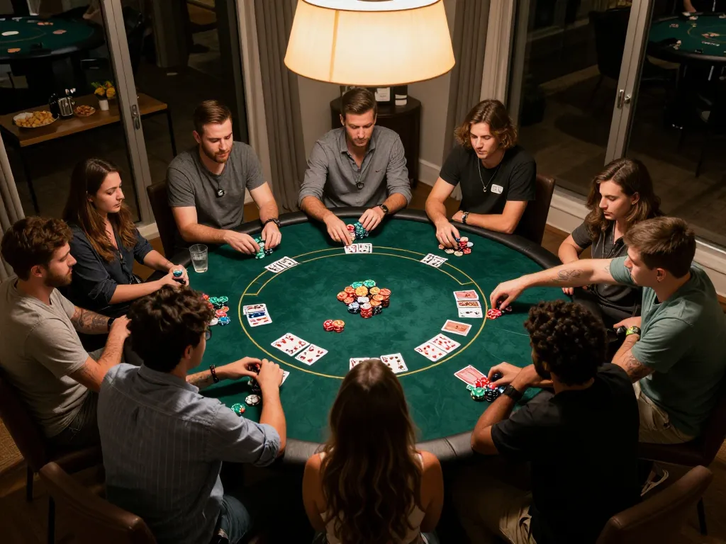 Engaged friends enjoying a competitive poker game at home, highlighting 78WIN strategies for winning hands.