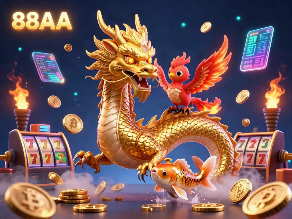 Play exciting games and win at 88AA with vibrant visuals of a dragon and casino elements.