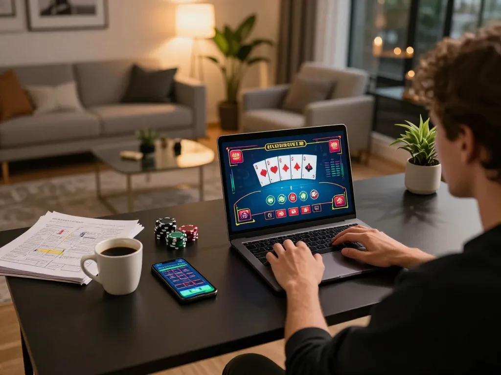 Player engaging in online gaming at home using m88zo platform displaying poker action on screen