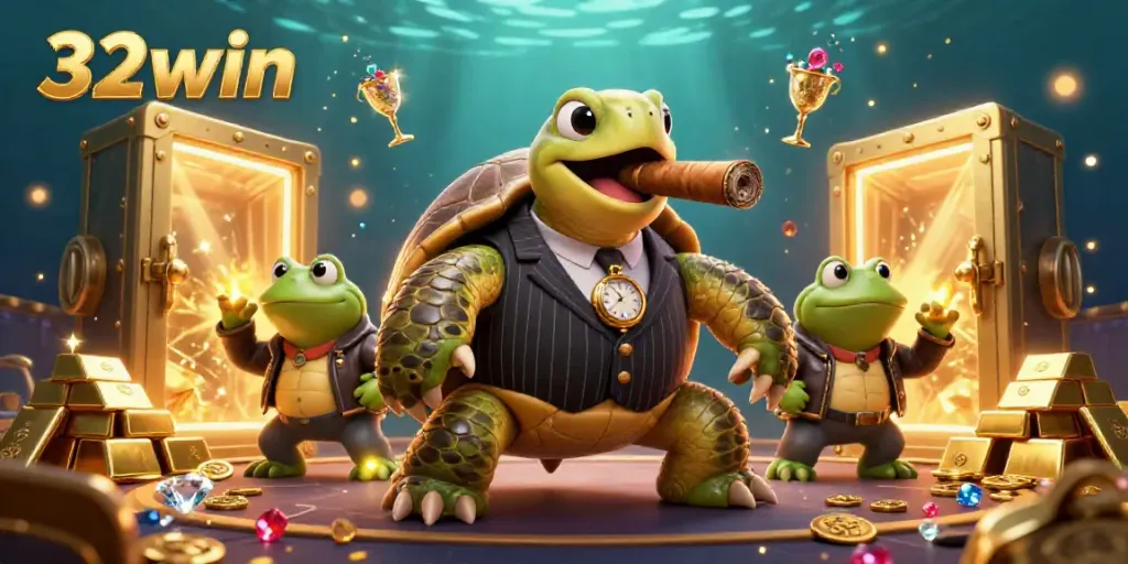 Explore the vibrant scene of 32win with cartoon characters amidst treasure, casino elements, and shimmering lights.