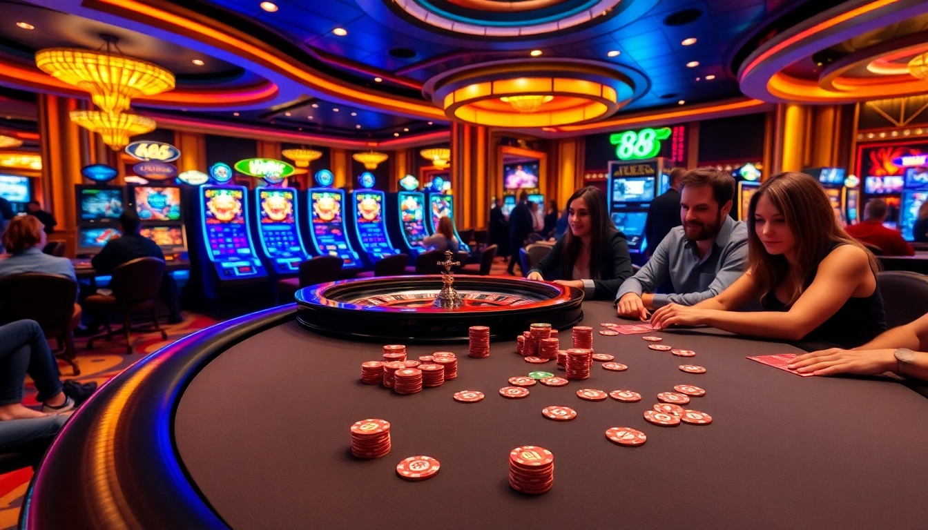 Players enjoying thrilling games at 888 NEW casino, featuring poker tables and slot machines.
