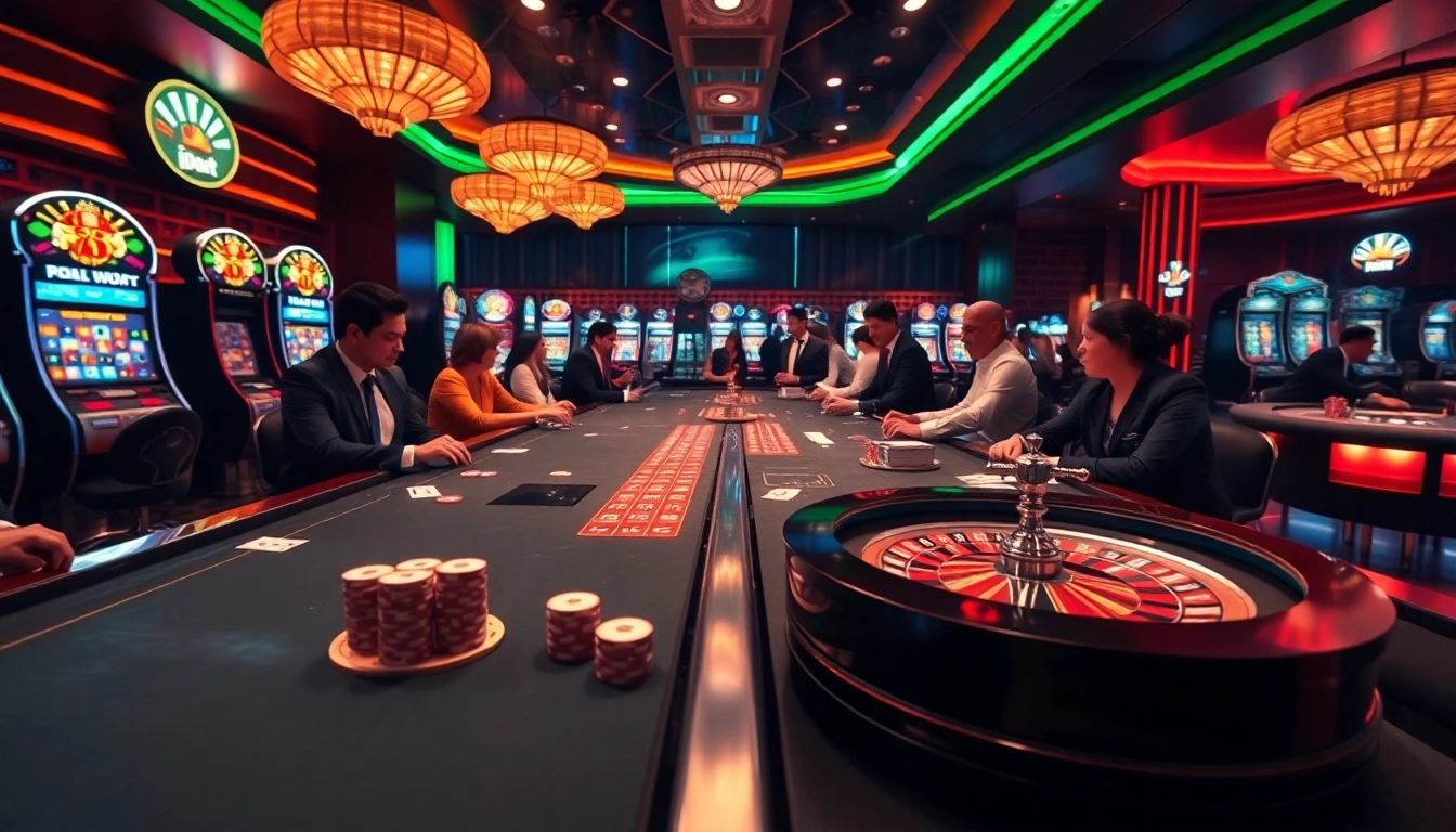 A dynamic gaming scene showcasing i9bet's luxury casino experience with players engaged at roulette and blackjack tables.