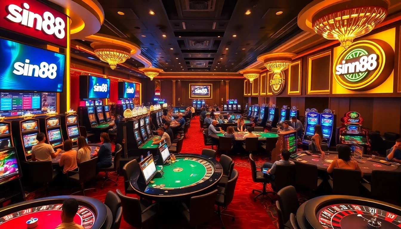 Experience the excitement of sin88 gaming with vibrant casino visuals featuring luxurious slot machines and poker tables.