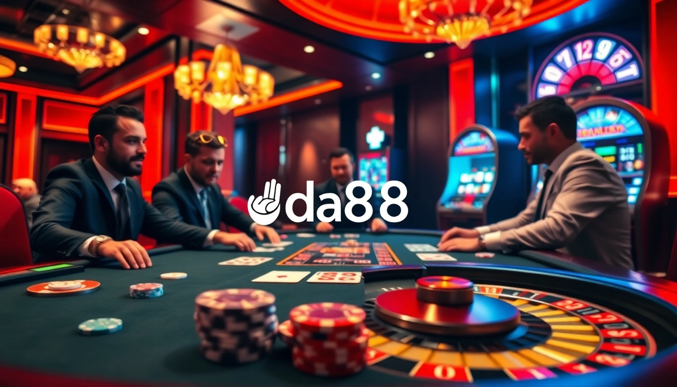 Players enjoying a thrilling poker game at da88 casino, showcasing excitement and luxury.