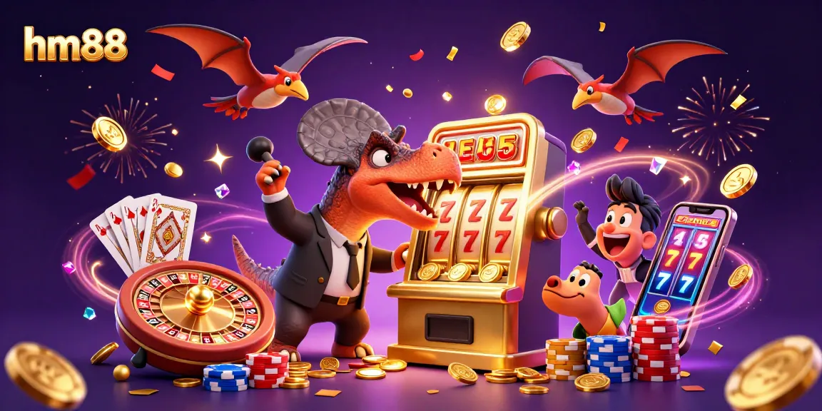 Experience thrilling jackpots at hm88 with a dynamic casino scene showcasing a pachycephalosaurus and exciting gambling elements.
