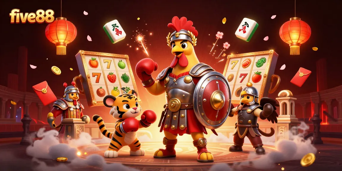 Engage with the vibrant five88 slots scene showcasing dynamic cartoon characters and rich casino elements.