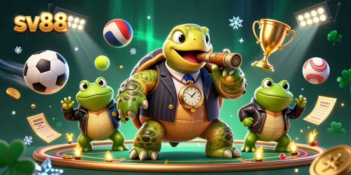sv88 showcases an exciting casino scene with a snapping turtle and bullfrog enforcers amidst dynamic sports elements.