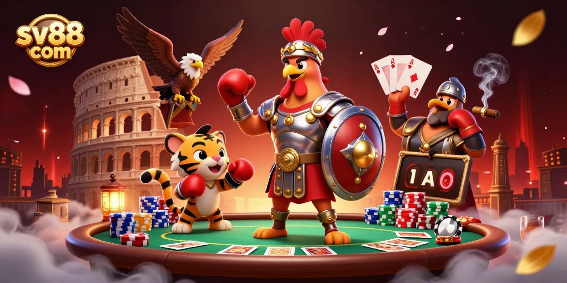 Engage in high-stakes poker with sv88 com featuring a gladiator rooster in a vibrant colosseum setting.