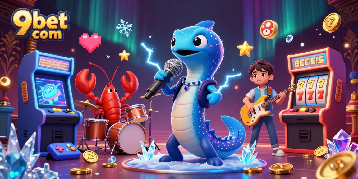 Engage with 9bet com's vibrant underwater casino scene featuring electric eel DJ and lively gaming elements.