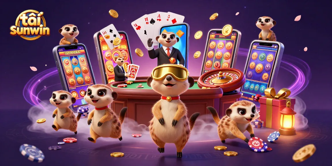 Spin the reels of excitement with tải sunwin, featuring playful meerkats in a vibrant casino setting.
