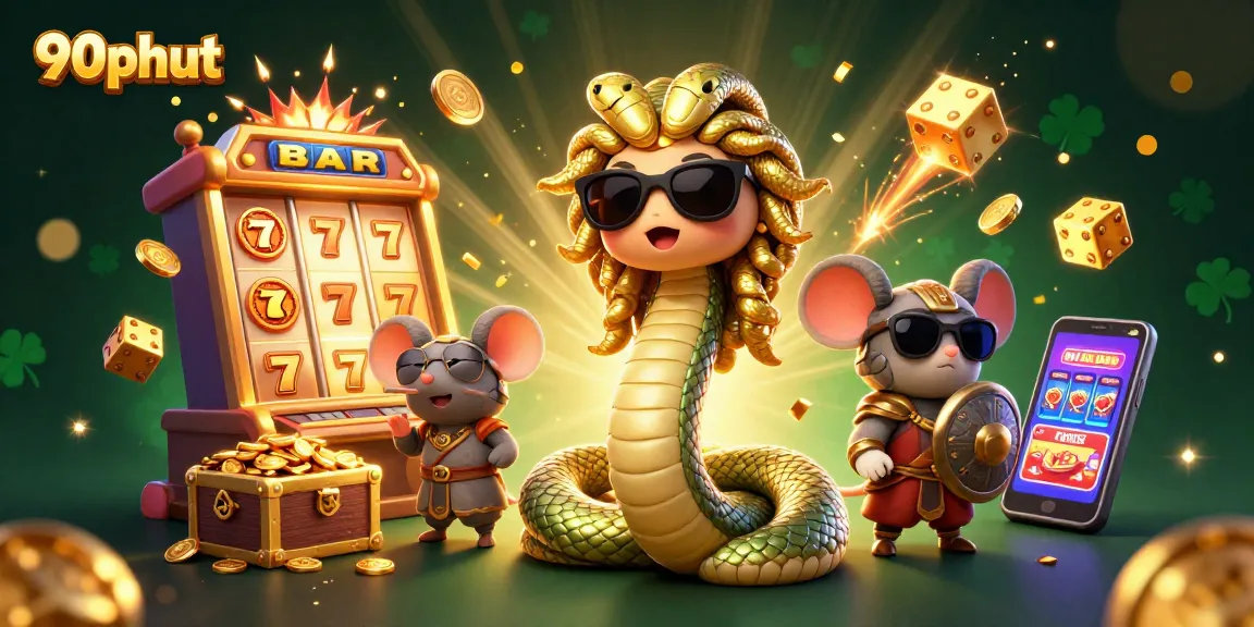 Experience immersive gaming with 90phut's vibrant 3D scene featuring jackpots, slot machines, and dynamic characters.