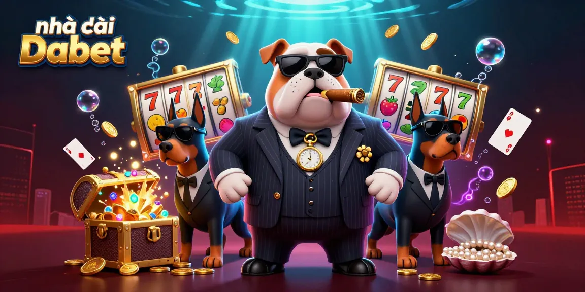 Engage with Nhà cái Dabet's dynamic gaming scene featuring mafia-themed characters and slot game elements.