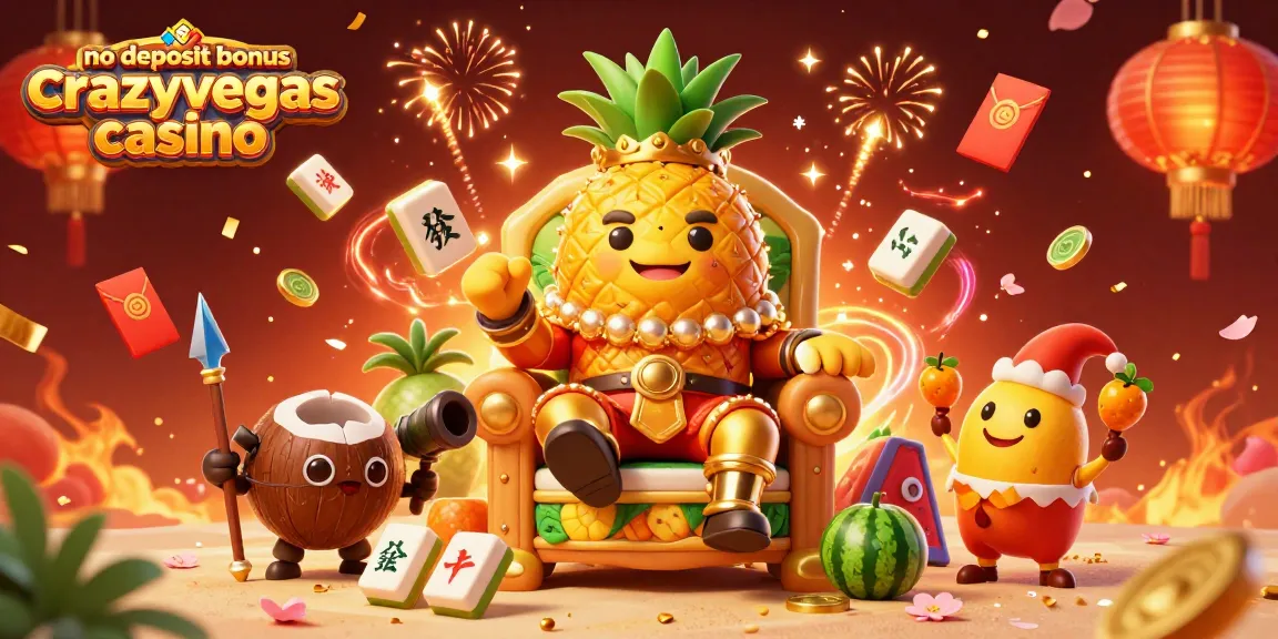 No deposit bonus crazyvegas casino showcases a golden pineapple king and lively casino elements in a festive 3D scene.
