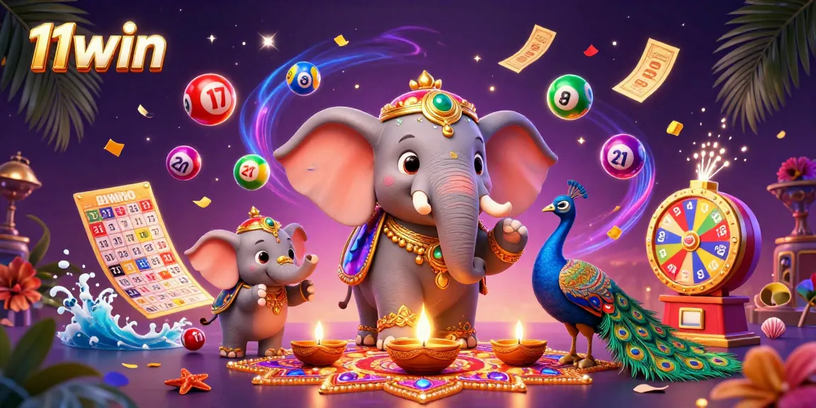 Win big at 11win with vibrant lottery and bingo themes featuring an elephant and peacock.
